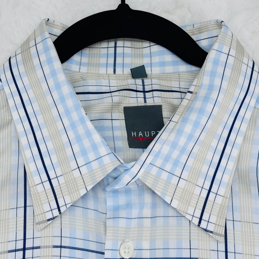 Haupt‎ Mens XXL Short Sleeve Plaid Button Down Shirt Blue Tan Check Pocket